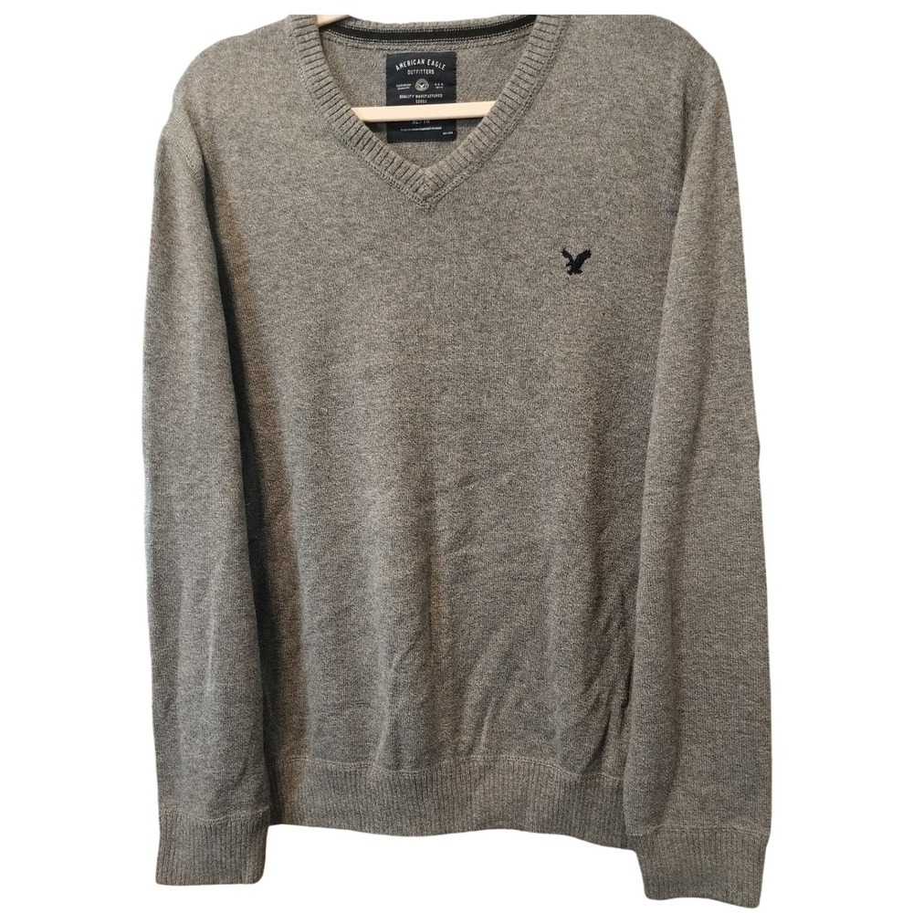 American Eagle Outfitters Men's XL Gray V Neck Sweater‎ Eagle Logo Cotton Blend